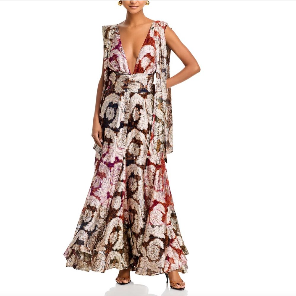 FARM Rio Metallic Plunging V-neck Maxi Dress, Red/Gold/Black, Size XL, NWT 🇧🇷